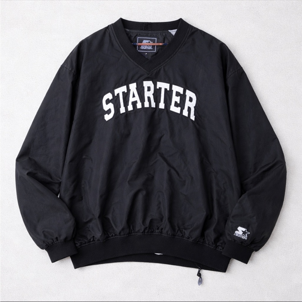 Y2K STARTER Windbreaker Pullover Jacket Size XL Black Nylon Spell Out Streetwear